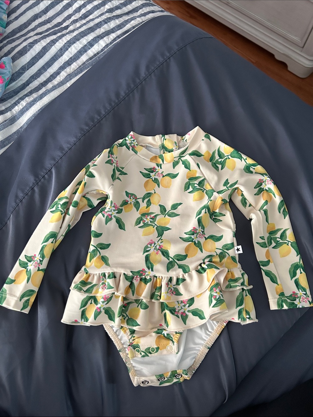 Infant Long-Sleeve Lemon Print Ruffle One-Piece Swimsuit